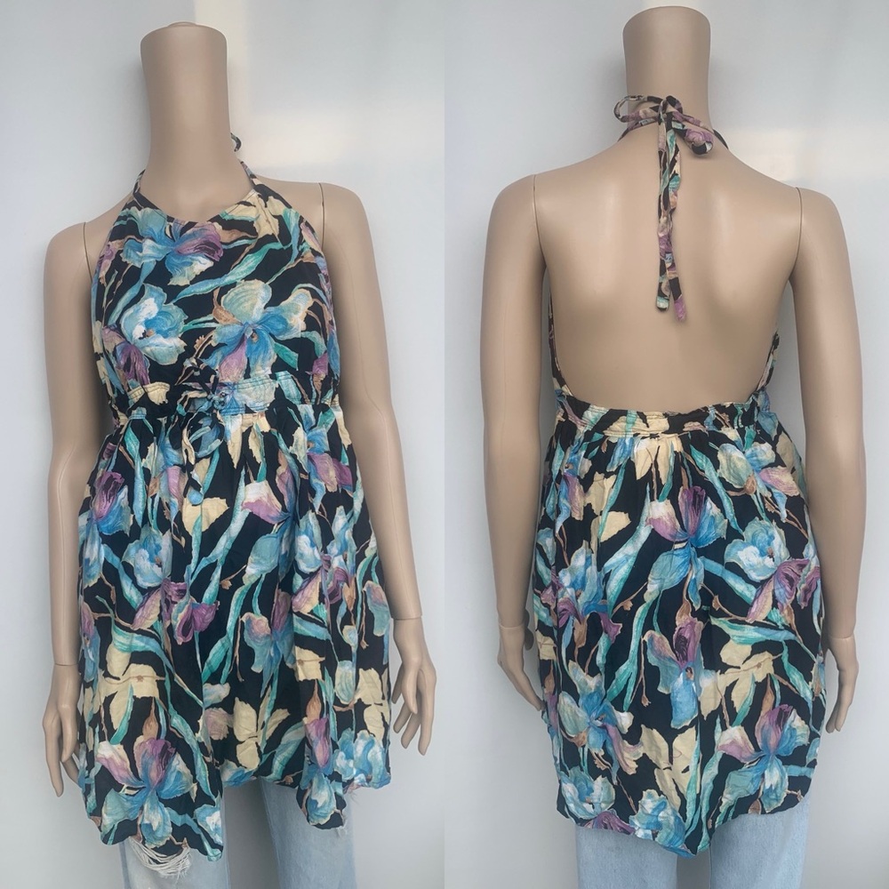 Vintage 80s lightweight soft cotton tropical Floral Halter mini dress Dress